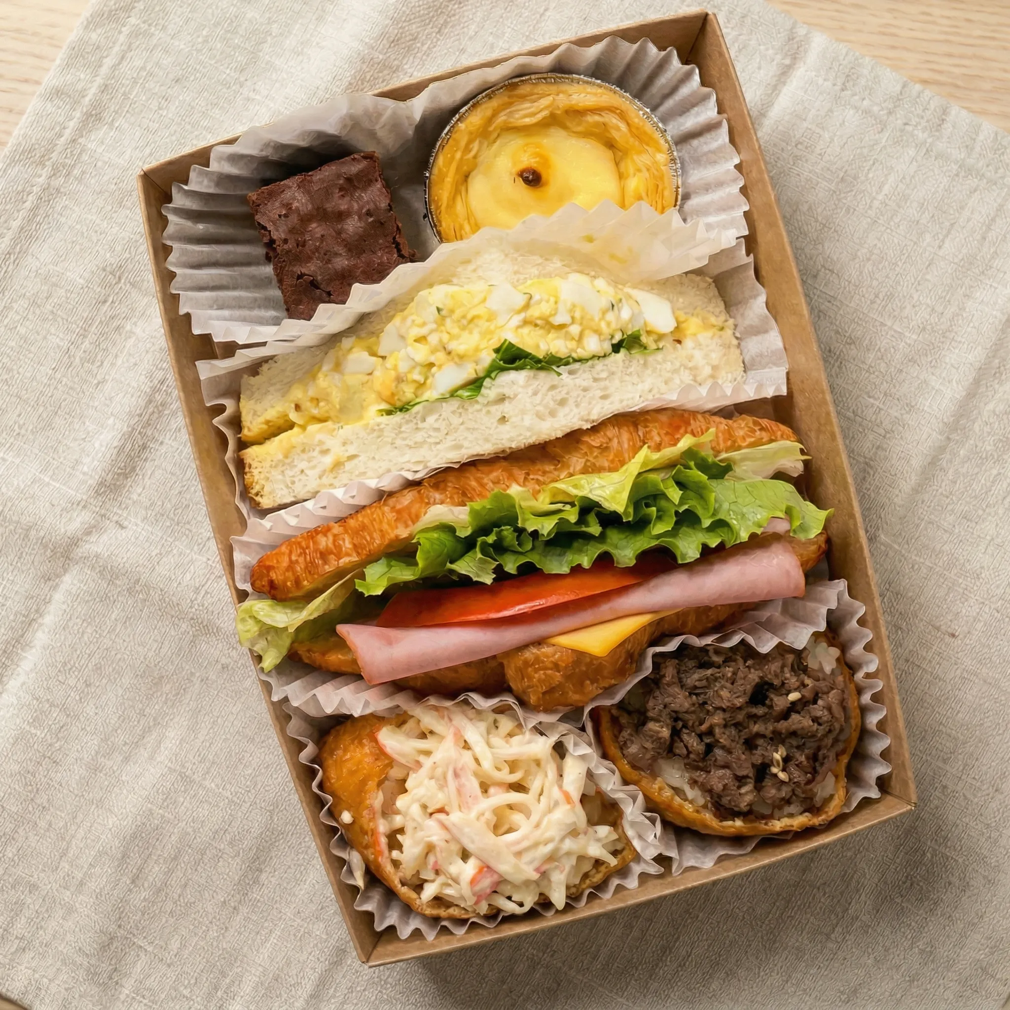 토핑유부초밥2종+햄치즈크라상+에그샌드+미니에그타르트+미니브라우니