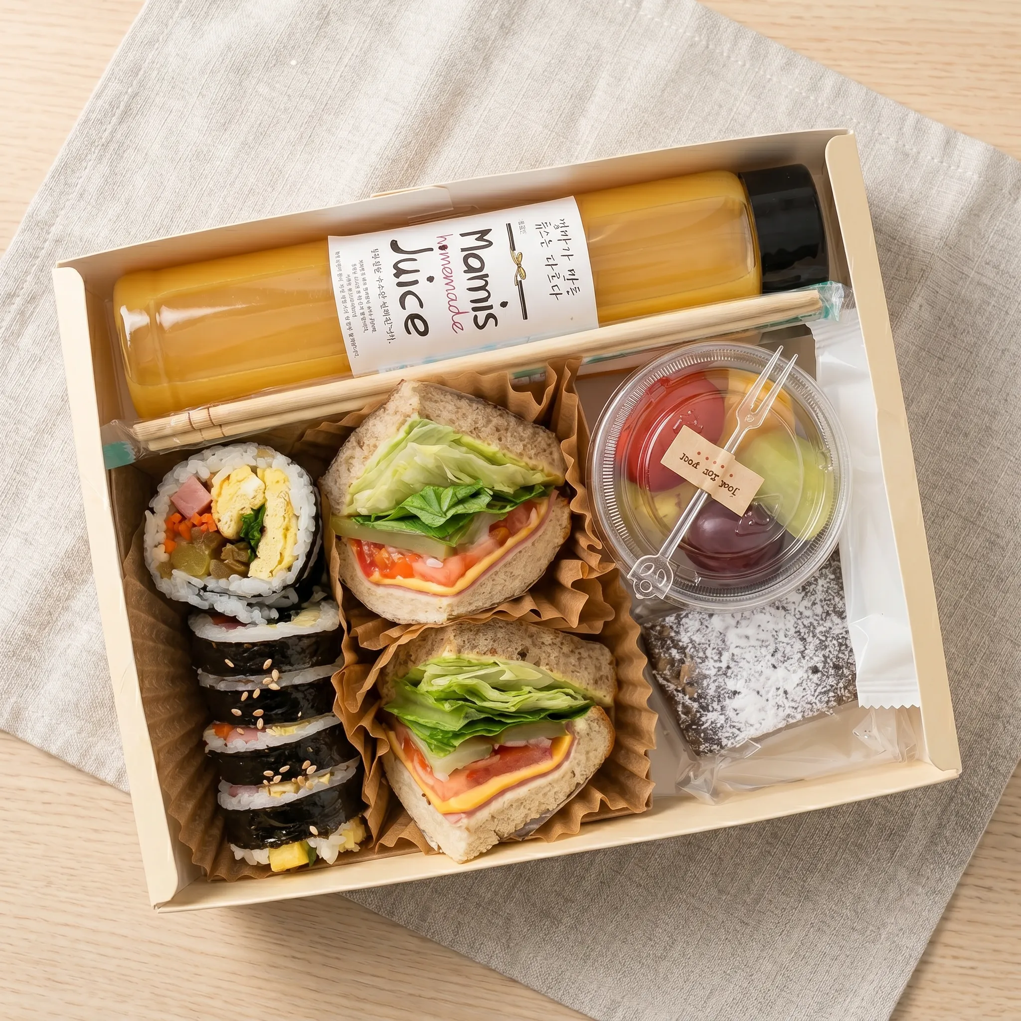 햄치즈샌드+김밥+미니과일컵+보틀쥬스+브라우니 
