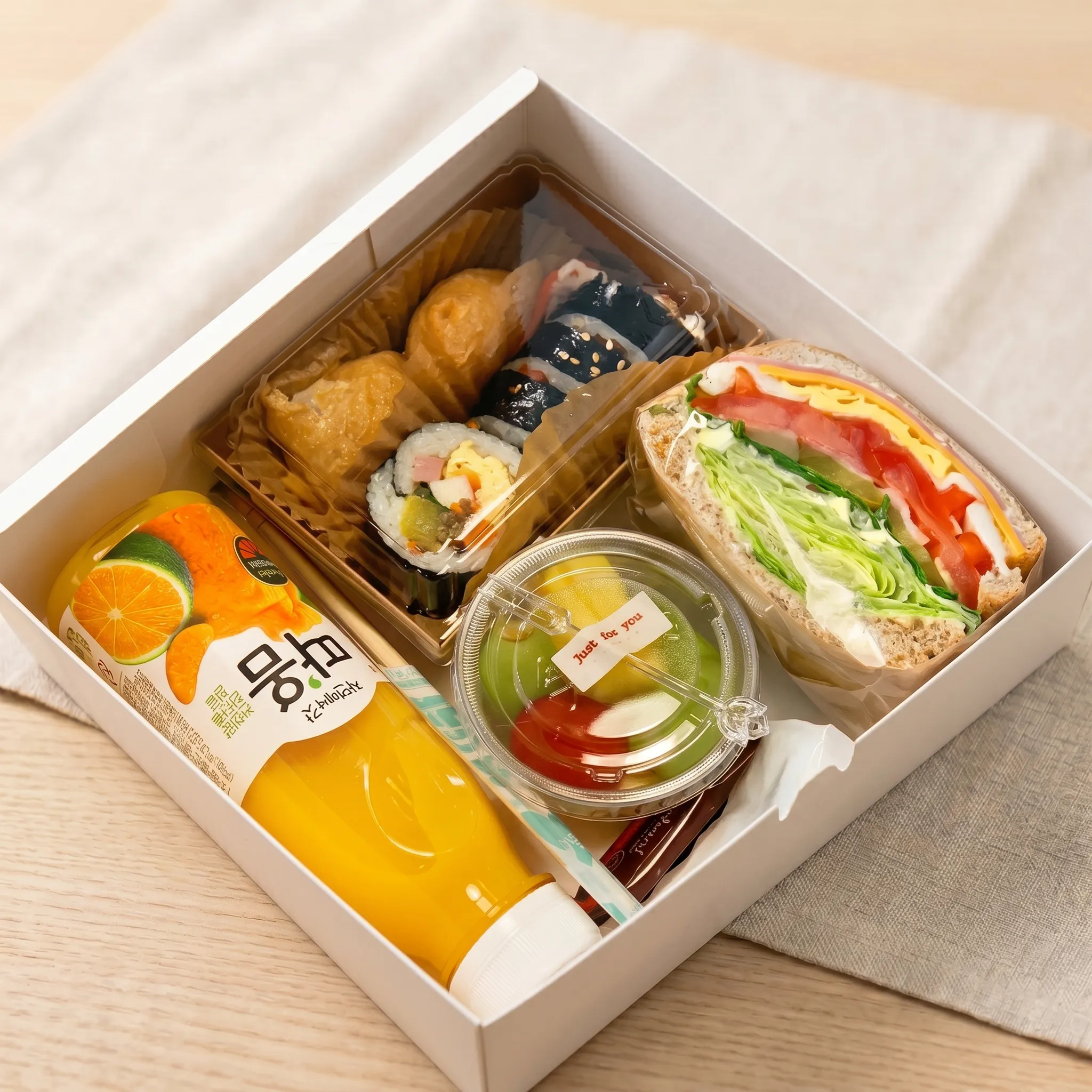 김밥+유부초밥+미니과일컵+햄치즈샌드+보틀쥬스