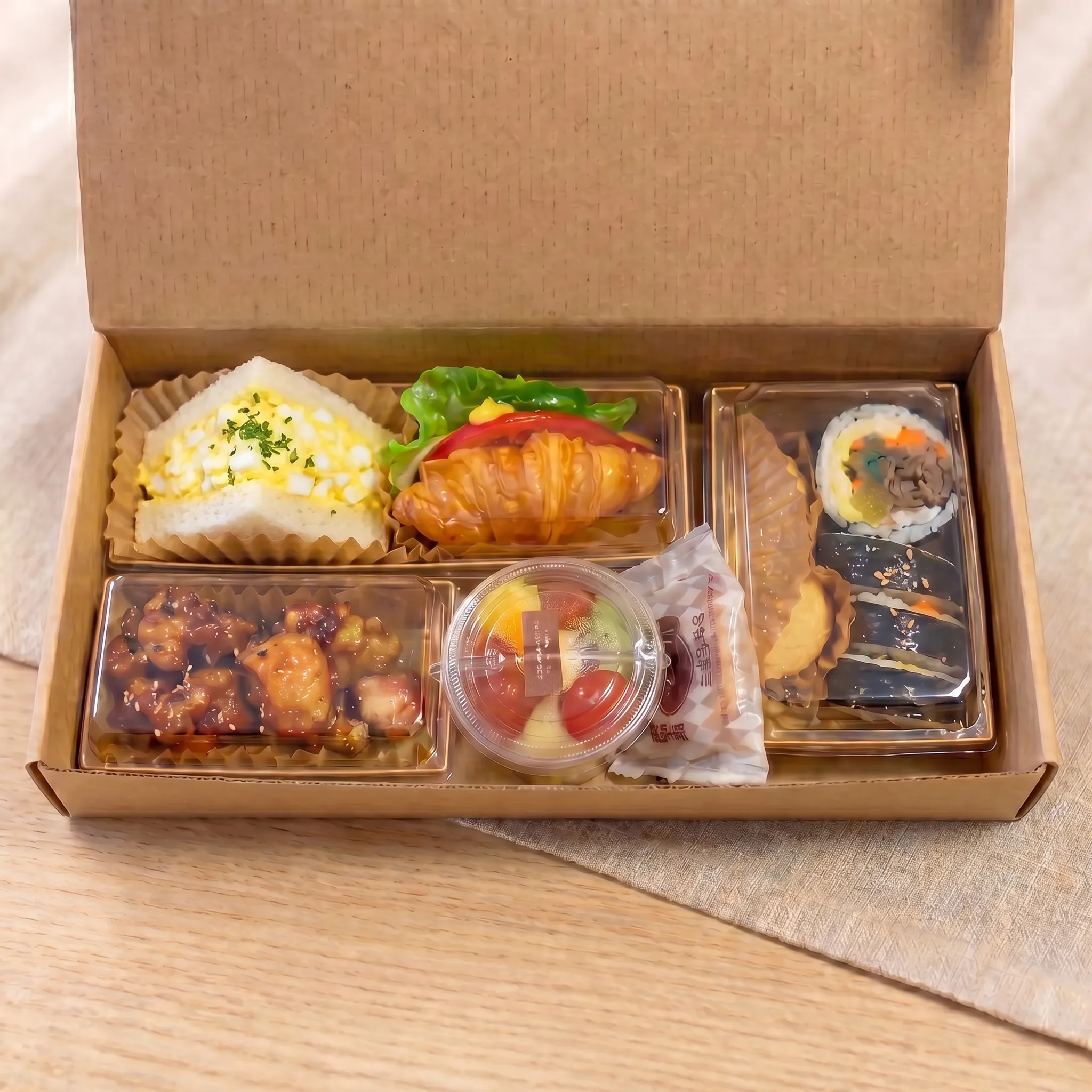 소고기김밥+유부초밥+햄치즈크라상+에그샌드+닭강정+미니과일컵