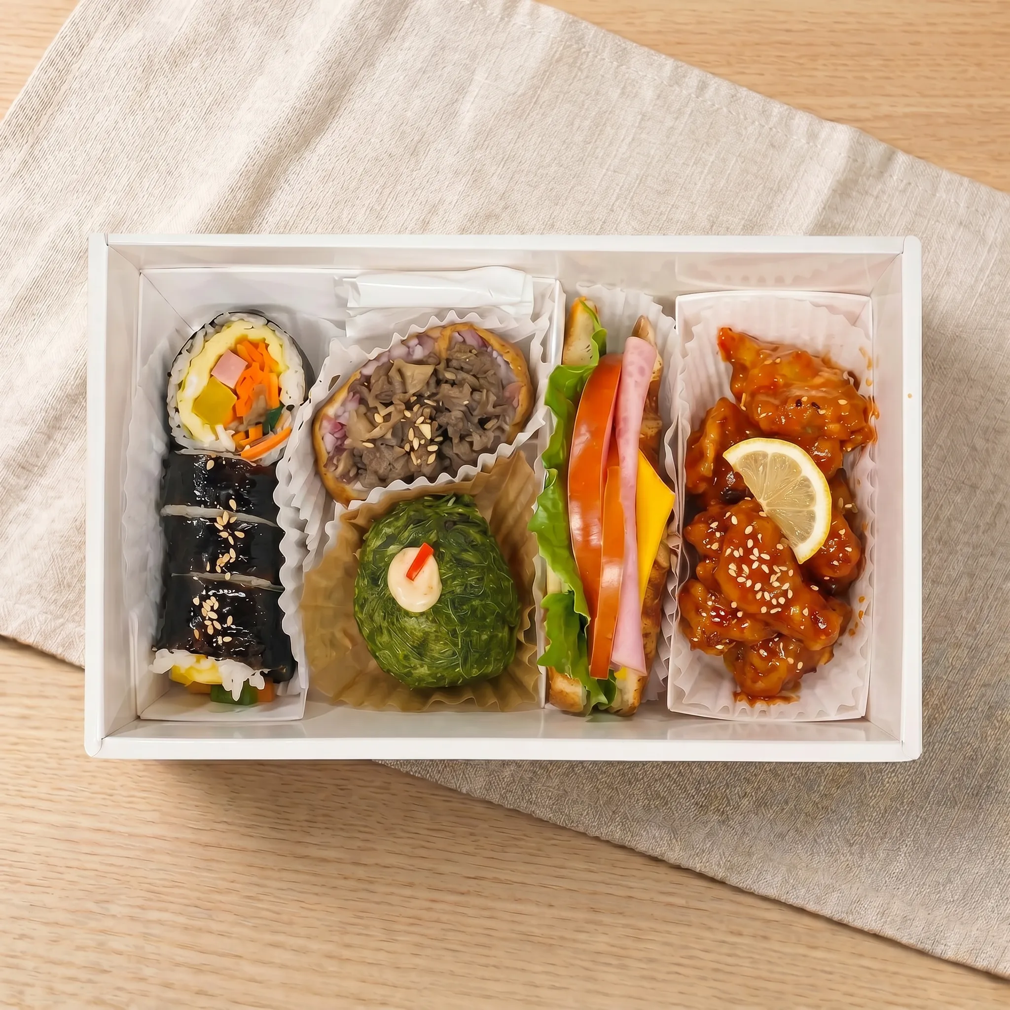 김밥1/2+토핑유부초밥+감태주먹밥+햄치즈크라상+닭강정